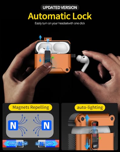 Image of Pohgelan for AirPods Pro 3 Case with Safety Lock-Orange | Magnetic Automatic Lock with Cleaning Kit&Keychain,Compatible with Magsafe