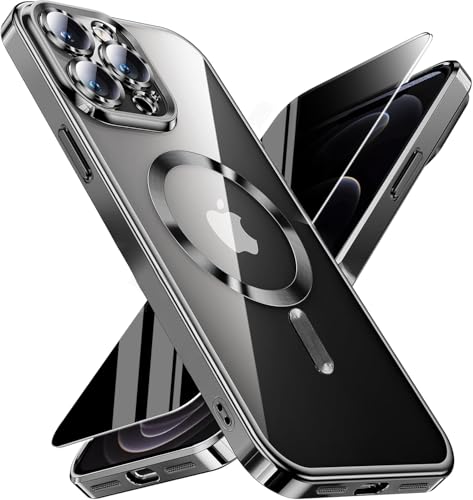 Image of Magnetic for iPhone 12 Pro Max Case with Privacy Screen Protector & Full Camera Cover,[Non-Yellowing] Plating Glossy Soft Shockproof Clear Phone Case with Women Girls for 12 ProMax,Black