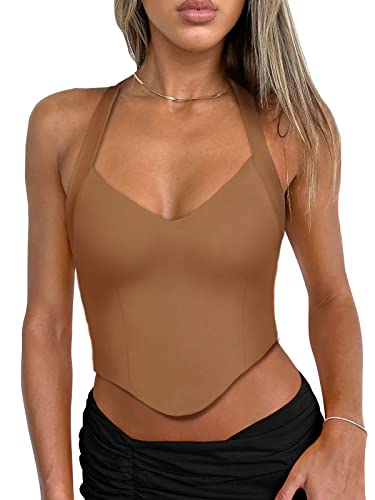 REORIA Double Lined Sexy Halter Tops for Women V Neck