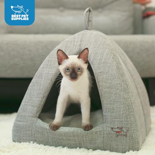 Image of Best Pet Supplies Cat Bed for Indoor Cat, Domed Tent House with Removable Pillow, Covered Cat Cave for Small Dog, Puppies and All Breeds of Cats - Gray Linen, 16 x 16 x H:14 inch