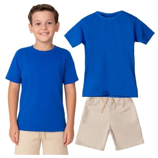 Kit Camiseta e Bermuda Bege Short Infantil Menino Roupa Conjunto Verão Juvenil - Básica Manga Curta (Azul e Bege, 4)