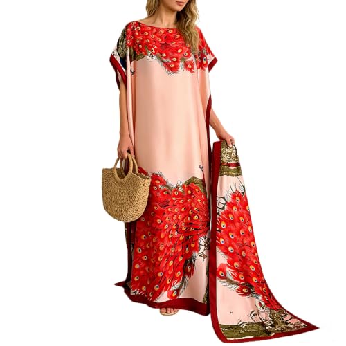 Women Kaftan & Scarf, Plus Size Caftan Moo Moo Dress with Head Scarf (red) | Moo Moo with Scarf, Silky Fabric, Boat Neck, Ethnic Maxi Dress, Boho Peacock Leopard Print, Swimsuit Cover Up, Beach Vacation - image 6