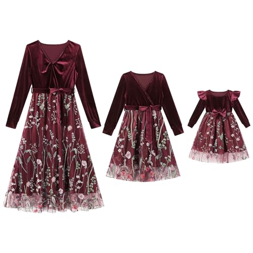 Mommy and Me Christmas Dresses Long Sleeve Floral Embroidered Layered Tulle Velvet Ruffle Dress with Belt Fall Winter Xmas Holiday Party Mom Daughter Matching Outfits Photoshoot Wine Red 6-9 Months