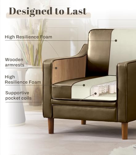 Image of Kingfun Accent Chair, Living Room Chairs, Faux Leather Reading Armchair, Mid Century with Solid Wood Foot, Upholstered Modern Decor for Bedroom, Apartment