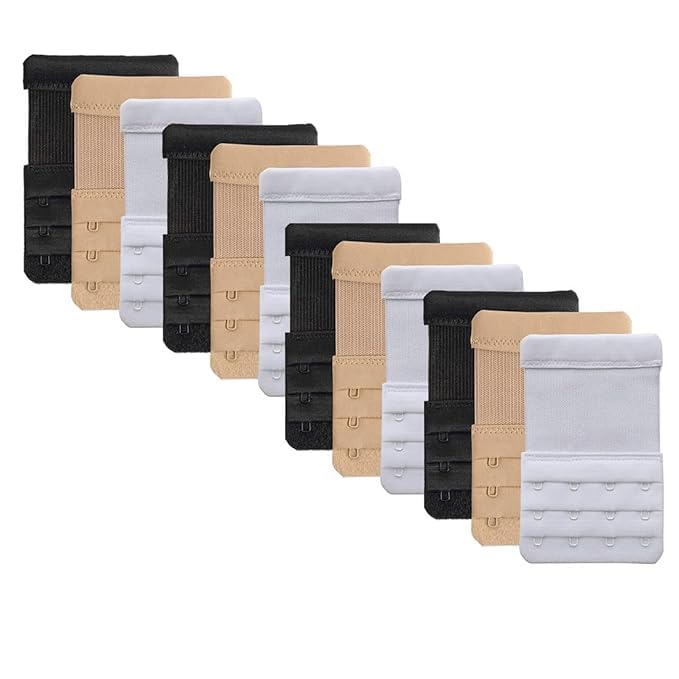pack of 12 bra hook extenders for women | soft stretch bra extension hooks | 3 row hook & eye bra strap extender | assorted black, white & skin colors