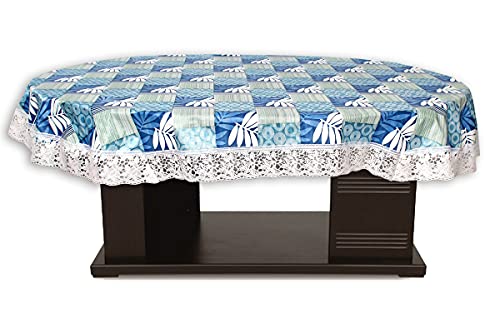 Image of The Furnishing Tree Waterproof PVC Oval Shaped 10 Seater Table Cover WxL 60x120 inches Surface Pattern Blue with White Border lace