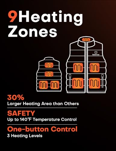 Soleilwear Men's Heated Vest: 9 Heating Zones, Rechargeable 10000mAh Battery for Outdoor Activities