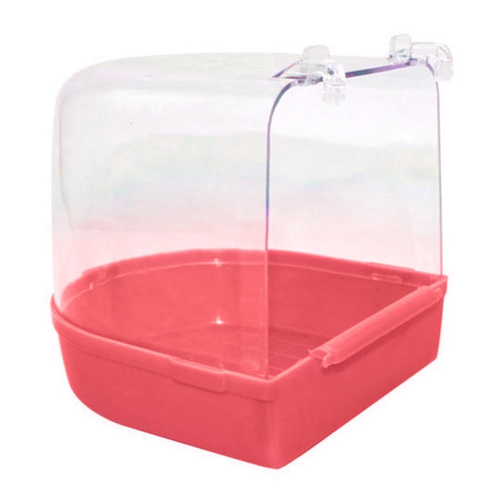 HshDUti Bird Bath Tub, Hanging Bathtub Bird Cage Supplies with Hooks, Water Shower Transparent Box Food Feeder Holder Tray for Small Birds, Canary, Budgies,Parrot 13X14X13cm Pink