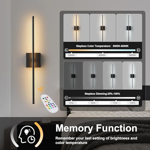 Image of KARTOOSH 32.2 Inch Battery Operated Wall Sconces Wireless Set of 2, Black | RGB Wall Lamps, 3 Color Temps, Remote Control, Dimmable Rotatable, LED Wall Lights for Living Room Bedroom