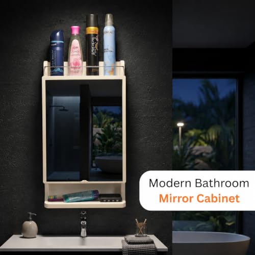 Image of BRANCO Bathroom Cabinet with Mirror | Storage Organiser | Strong Plastic Bathroom Shelves Wall Mounted | Mirror Cabinet (Ivory)
