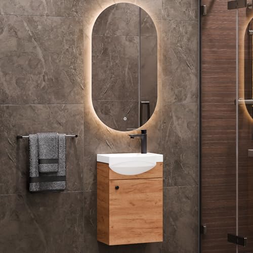 Planetmöbel Badmöbel Set Waschtisch mit Unterschrank 40 x 60 x 29 cm, Spiegel mit Beleuchtung 50 x 90 cm für Badezimmer, Gäste WC & Bad, Gold Eiche