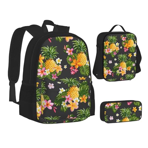 Ensemble sac à dos école 3 en 1 en toile imprimé ananas avec sac déjeuner homme femme