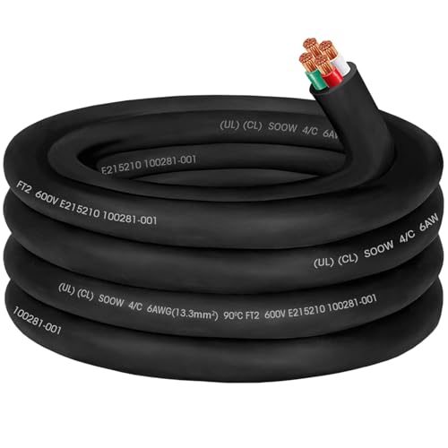 6/4 6AWG SOOW Portable Power Cable,6 Gauge 600V Electrical Cable-4 Conductor SOOW Extension Cord for Welder Machine,Generator,Portable Light,EV Car Charger,Motor Lead, Industrial Outdoor-10ft