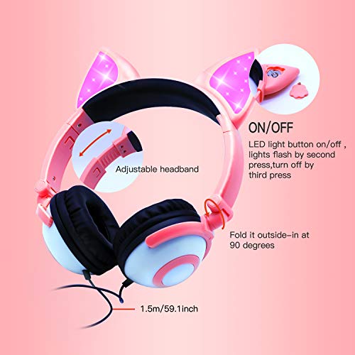 ONTA Cuffie Per Bambini con Gattino LED Luminoso, Pieghevoli, Cancellazione del Rumore e Cuffie Per Bambino Regolabili per Bambini e Bambine (Rosa)