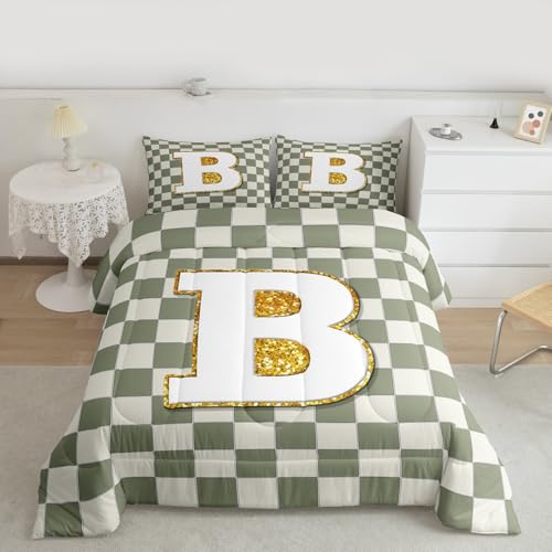Image of Erosebridal Sage Green Checkered Bedding Set Twin Plaid Initial B Comforter Set for Kids Adults Personalized Monogram Down Comforter,Fashion Grids Gingham Quilt Duvet