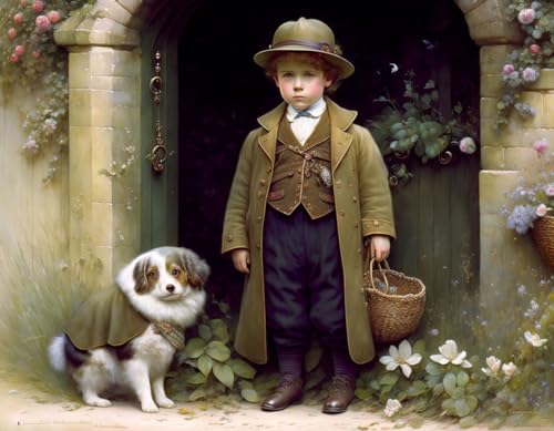 Poster Little Son and Fluffy Dog 50x70cm solution murale sans cadre