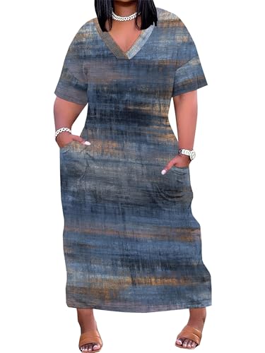 Image of SUZONANA Plus Size Denim Print Maxi Dresses for Women Casual V Neck Short Sleeve with Pockets Soft Jean Look Dress XL-6XL