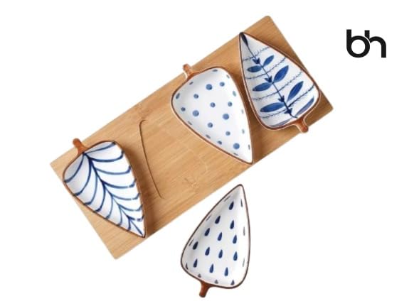 Image of Beyond Homes Ceramic Serving Platters | 4 Leaf-Shaped Platter Plates with Wooden Tray Set for Serving | Hand Painted Dry Fruits Serving Tray | Appetizer Serving Dishes for Kitchen (White & Blue)