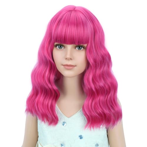 Image of PATTNIUM Hot Pink Wig for Kids Short Wavy Wig Neon Pink Wigs with Bangs Girls Magenta Cosplay Halloween Party Costume Wigs
