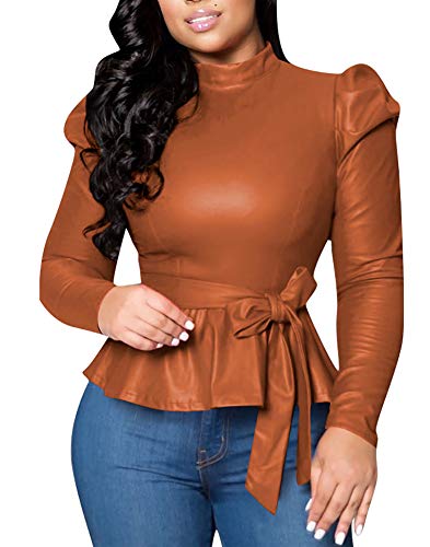 Womens Long Sleeve Turtleneck Tops Solid Slim Fit T-Shirt Leather Pullover Blouse