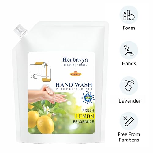 Image of Khadi Herbs Ayurvedic Lemon Hand Wash - Refreshing & Natural Cleanser with Antibacterial Protection | Energizing Citrus Formula, Gentle on Skin - 1000ml. (Refill Pack)