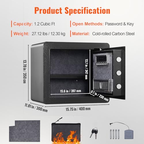 VEVOR Safe Tresor 1,2 Kubikfuß, Möbeltresor mit Feuerfester Geldtasche, Passwort & Schlüssel Digitaler Heimtresor Herausnehmbares Regal, Innenschrank, Wandtresor für Bargeld, Schmuck, Dokumente usw.