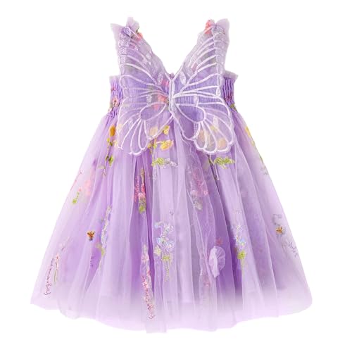 Miipat Vestido de Bebé de Tul para niña con Mariposa Vestido de Princesa Sin Mangas Bordado Floral para Niñas Pequeñas para Fiestas de Bodas y Cumpleaños (Morado 110 3-4 Años)