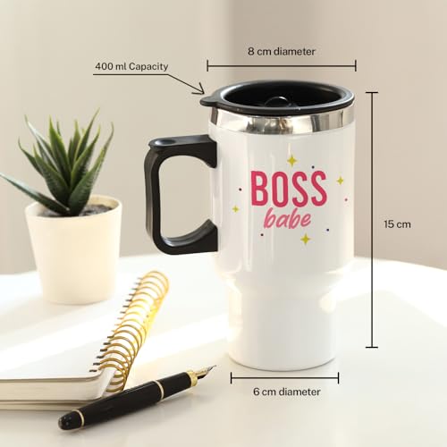 Image of IGP Personalized ‚Boss Babe‚ Travel Mug | Same Day Delivery | 400ml Stainless Steel Insulated Coffee Tumbler with Handle & Tight Lid | Custom Name Empowerment Gift for Her, Office & Commuting | White