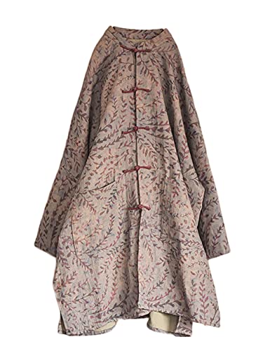 NFYM Women Cotton Linen Loose Windbreaker Button Down Vintage Print Retro Long Coat with Pockets2