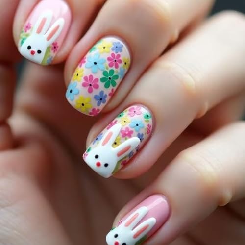 Flower Rabbit Press on Nails Spring Fake Nails Short Square Acryl...