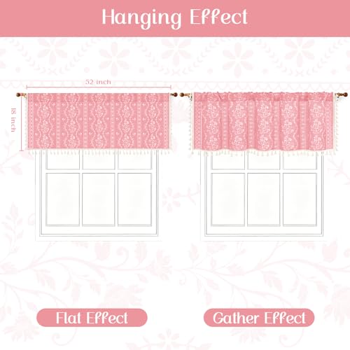 Image of Yinhua Boho Valance Curtains Vintage Linen Pink Kitchen Valances for Windows Light Filtering Bohemian Floral Valance Rod Pocket Farmhouse Tassel Window Valances for Bathroom Cafe, 52 inch W X 18 inch L