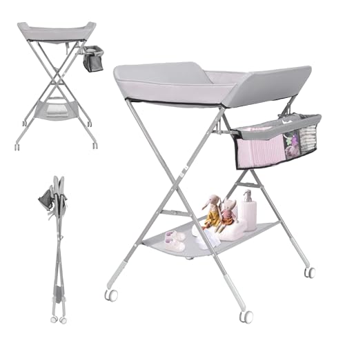 Image of Portable Changing Table for Baby, GIGYES Foldable Baby Changing Station with Wheels & Adjustable Height, Large Storage Rack & Shelf, Ideal for Newborn and Infants