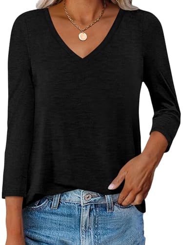 Womens V Neck 3/4 Sleeve T Shirts Basic Curved Hem Tunic Tops Casual Loose Fit Tees 2025