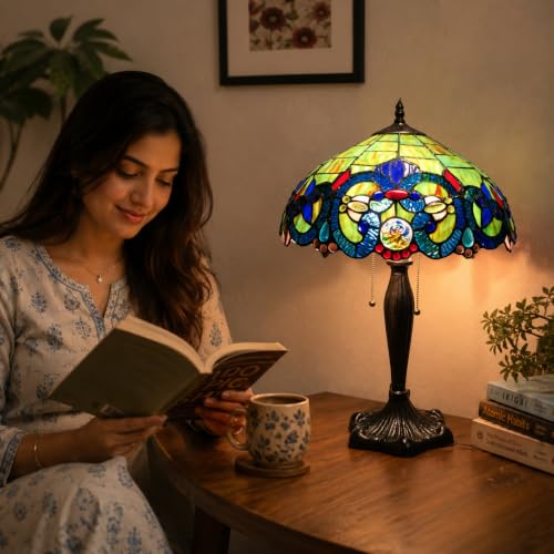 Image of Stained Glass Table Lamp, Blue Green Peacock Pattern Glass Shade with Antique Bronze Base, Decorative Bedside & Living Room Lamp (Free Bulb) (Design - 2)