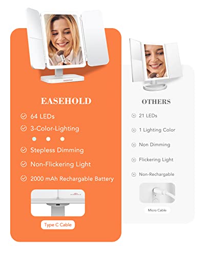 Easehold Lighted Makeup Mirror, 2000Mah Rechargeable 1X/2X/3X Magnifying Mirror With Lights, 3-Color Light Trifold Vanity Mirror, 64 Led, Adjustable Brightness, For Tabletop, Bathroom, White #TOP3