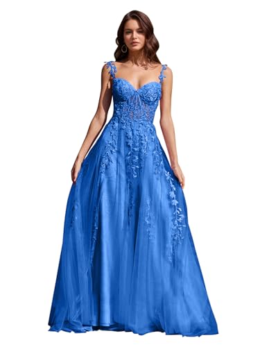 Image of Long Tulle Prom Dresses 2025 V Neck Floral Long Ball Gowns for Women Lace Applique Formal Evening Gowns ACE159