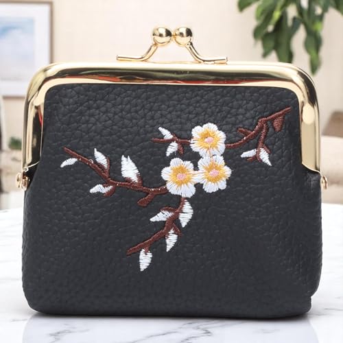 1Pcs Pouch Wallet Plum Blossom Embroidery Snap Wallet PU Leather Black 11x10cm