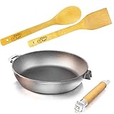 mit abnehmbarem Holzgriff; 28cm Bratpfanne (tief) aus Gusseisen mit abnehmbaren Holzgriff und Pfannenwender aus Bambus von 4big.fun *** 66mm Höhe *** Induktion Schmorpfanne *** Alle Herdarten *** 23cm Bodendurchmesser