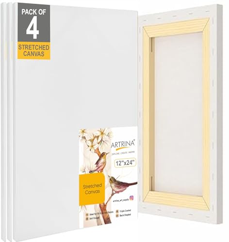 Image of Artist Standard Series 10 Oz (440 GSM) 100% Cotton Pre-Stretched Canvas with Wooden Frame 18x40 mm | Primed Canvas Stretched for Oil & Acrylic Painting 12 inch x 24 inch (30x60 cm), Pack of 4