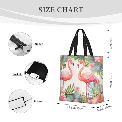 Flamingos and flowers Tote Bag for Women, Zipper Casual Tote's Handbag for Travel, Work, Lightweight Laptop Bags Big Capacity Shoulder Bag Reusable Grocery Shopping Bags3