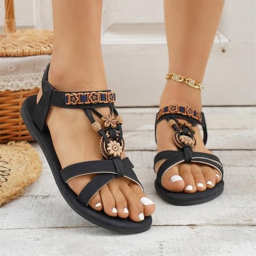 Women Bohemia Beaded Flats Sandals Summer T-Strap Sandal Casual Open Toe Ankle Elastic Band Shoes3