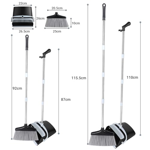 Besen und Kehrschaufel Set - Kehrschaufel mit langem Stiel 138 cm - Kunststoff und Edelstahl - Mit 8-teiliger Teleskopstange - Für Haushaltsreinigung, Büro, Terrasse (Schwarz-Weiß) – Bild 3