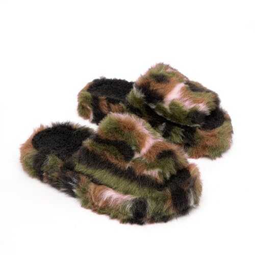 Plush Fluffy Slippers with Rhinestone Buckle Black Fuzzy House Shoes Platform Comfort Slides