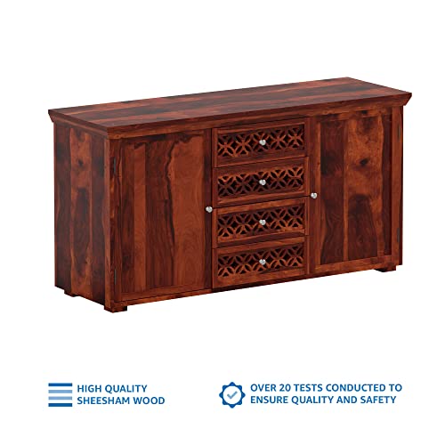 Image of SHIKHA WOOD CRAFT Solid Sheesham Wood Sideboard Cabinet with 2 Doors and 4 Drawers Storage | Wooden Kitchen Cabinet, Crockery Unit, Dining Room Organizer, Living Room Storage Furniture (Honey Finish)