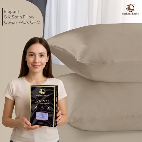 Image of 300 TC Art Silk Satin Pillow Cover Set | Durable Satin Pillow Cover with Envelope Closure | Luxury Satin Pillow Covers | Cozy Satin Pillow Covers (2, Beige)