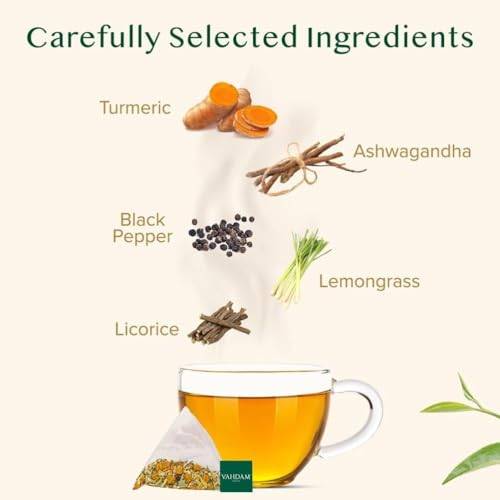 Image of VAHDAM, Turmeric Ashwagandha Herbal Tea Bags (15 Count) Caffeine Free, Non GMO, Gluten Free | 100% Pure Herbal Blend - Sweet & Earthy | Individually Wrapped Pyramid Tea Bags | Direct from Source