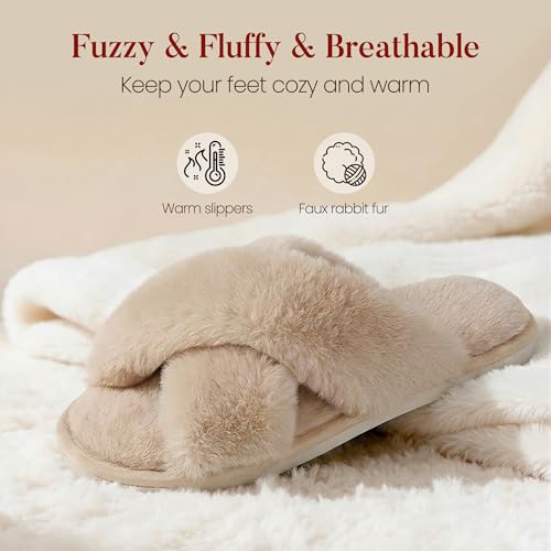 Image of Ankis Women's Fuzzy Slippers Cross Band Memory Foam Open Toe Comfy Soft House Shoes Anti-Slip Indoor Outdoor Gifts for Women