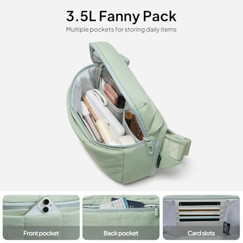 Image of TOPEAST Waist Pack 3.5L Fanny Packs with Water Bottle Holder, Large Capacity Travel Belt Purse Anti-Theft RFID Blocking, Sage Fluffy Crossbody Sling Bag for Hiking Walking