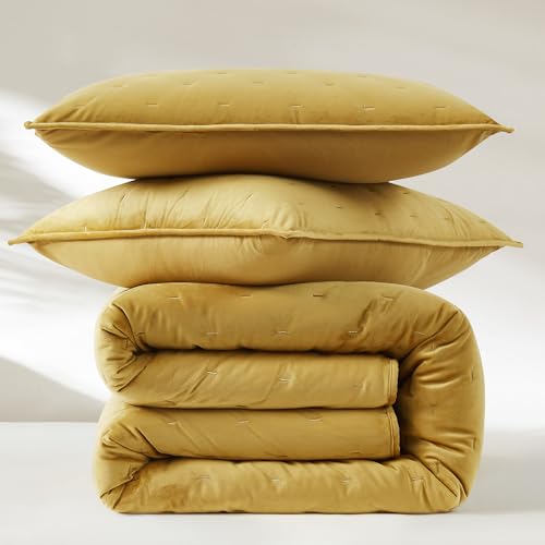 Image of Lush Decor - Quilt Set, 3-Piece Cozy Velvet Bedding with Matching Shams, Embroidered Stitch Design (Haven Mineral Yellow, Full /Queen)