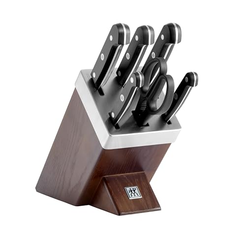 ZWILLING Gourmet Selbstschärfender Messerblock, 7-tlg., Messer und Schere aus rostfreiem Spezialstahl, Kunststoff-Griff, Braun [Made in Germany]